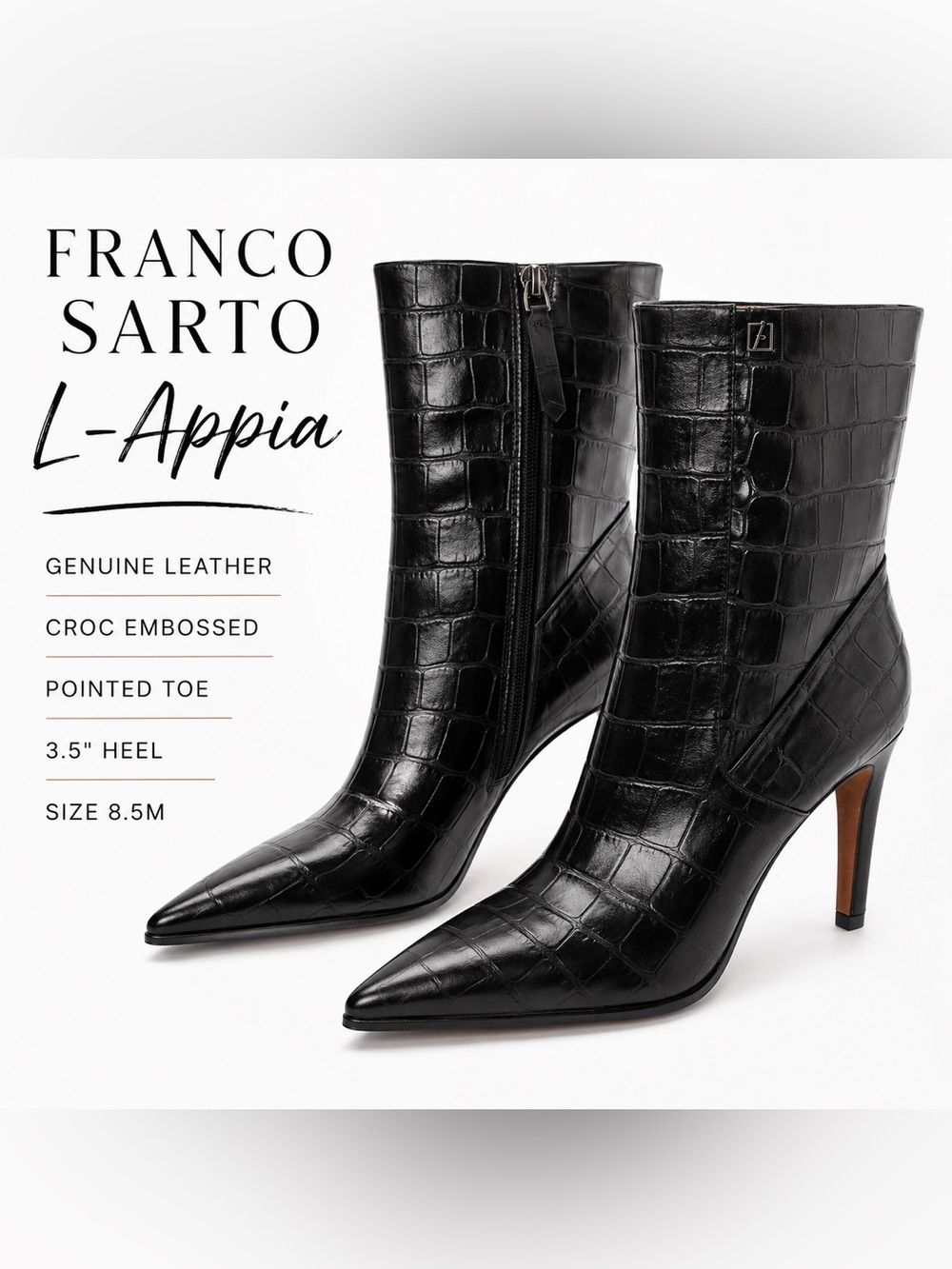 Franco Sarto Appia Black Croc-Embossed Pointed Toe Ankle Boots